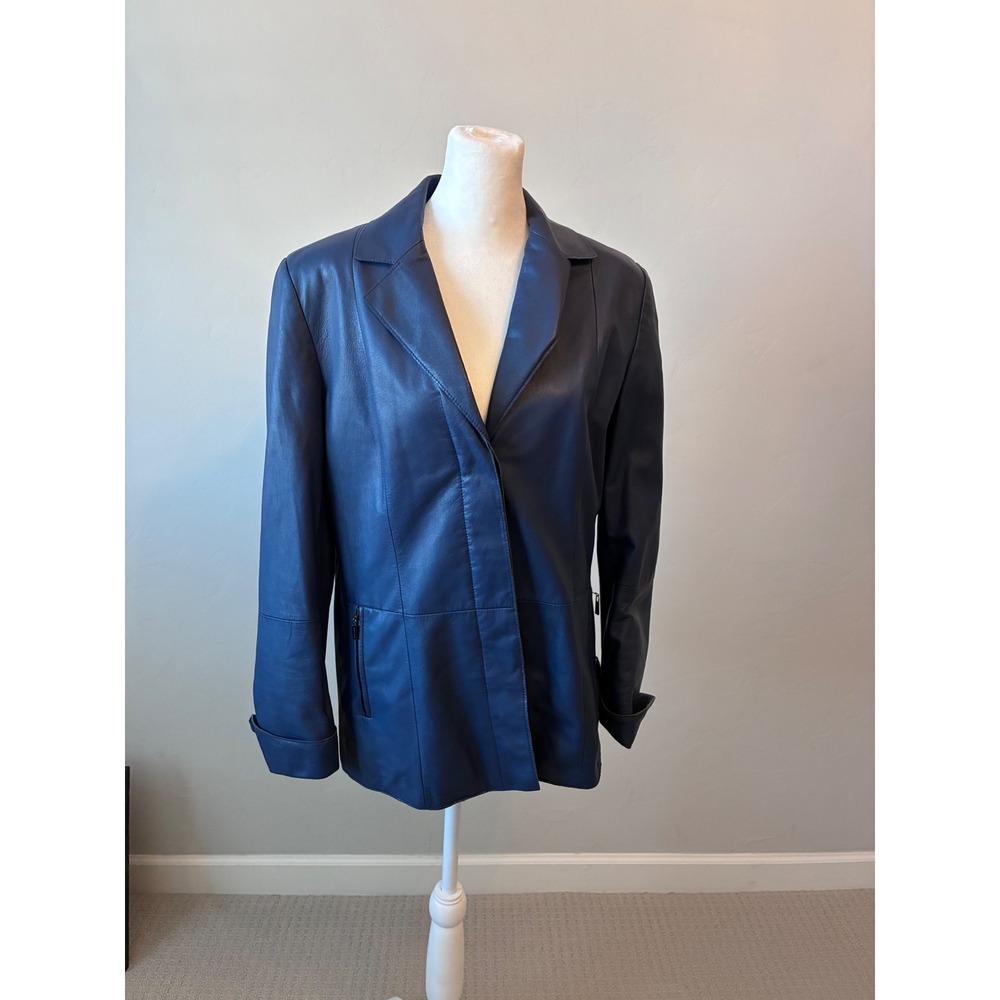 Vintage 90s Doncaster Blue Genuine Leather Single Breasted Blazer Jacket Size 10